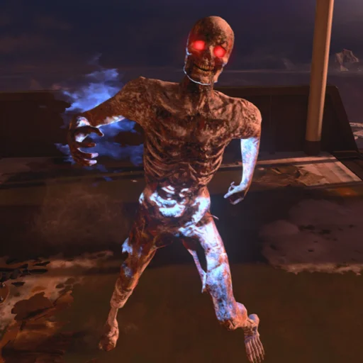 An Electrified Zombie with glowing red eyes and blue sparks, Tag der Toten, Call of Duty Black Ops 4 Zombies