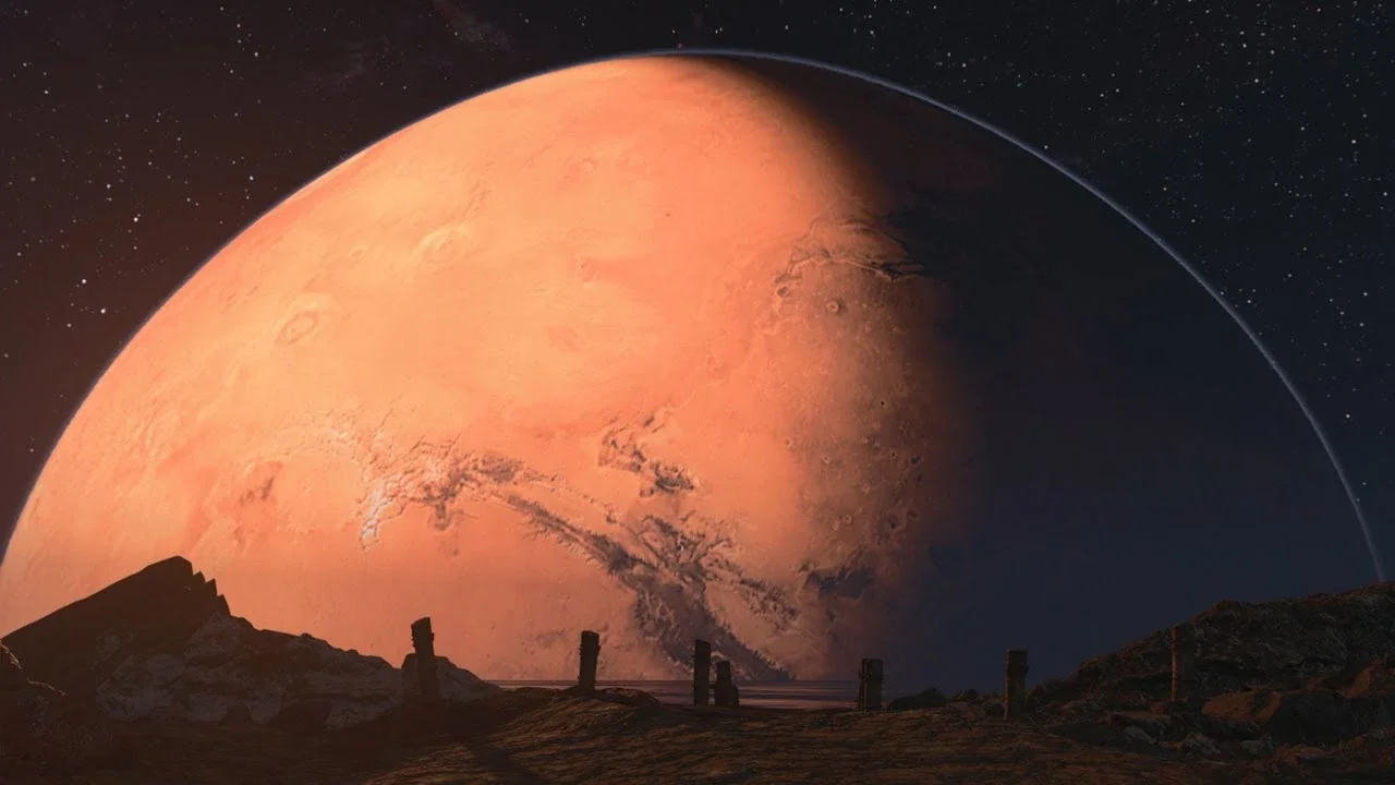 The planet Mars filling the sky above the secret area, Tag der Toten, Call of Duty Black Ops 4 Zombies