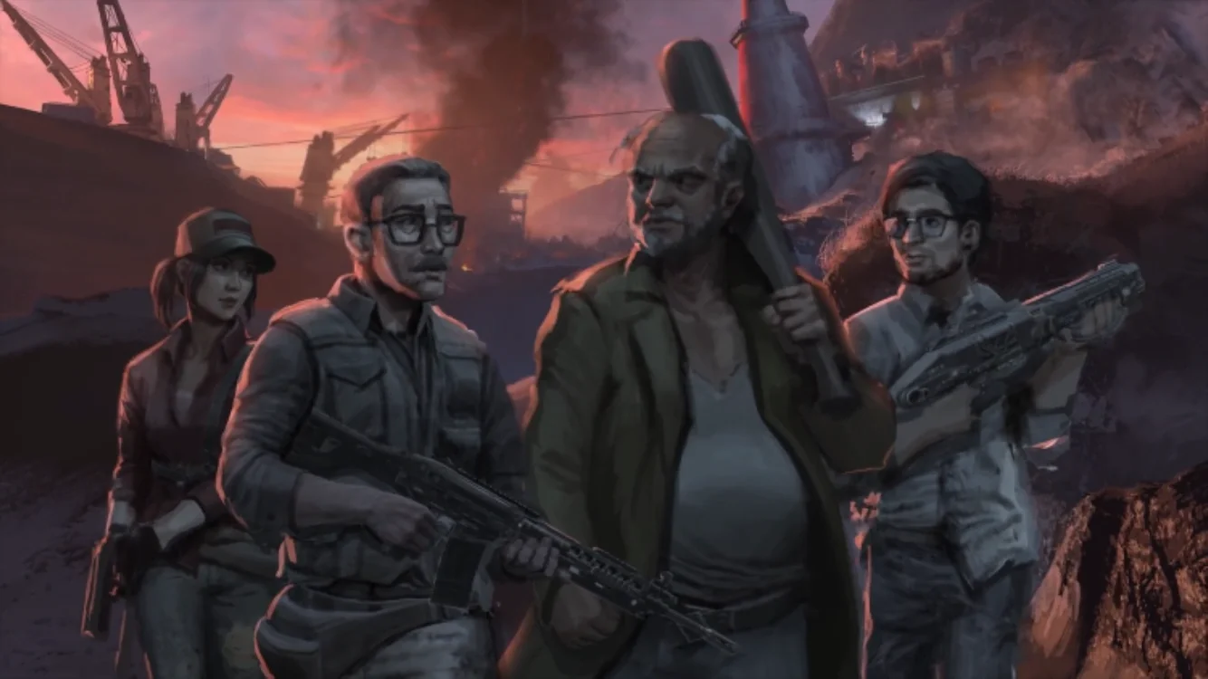 The four members of the Victis crew armed in front of the ship, official artwork, Tag der Toten, Call of Duty Black Ops 4 Zombies