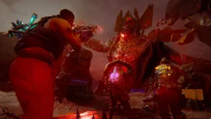 An operator firing at the giant Kortifex during the boss fight, official promotional image, The Archon, Call of Duty Vanguard Zombies