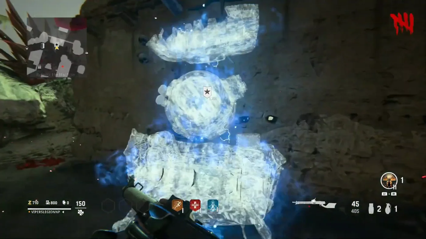 The broken Pack-a-Punch Machine of the Temple, a ghostly blue outline waiting for its two parts, The Archon, Call of Duty Vanguard Zombies