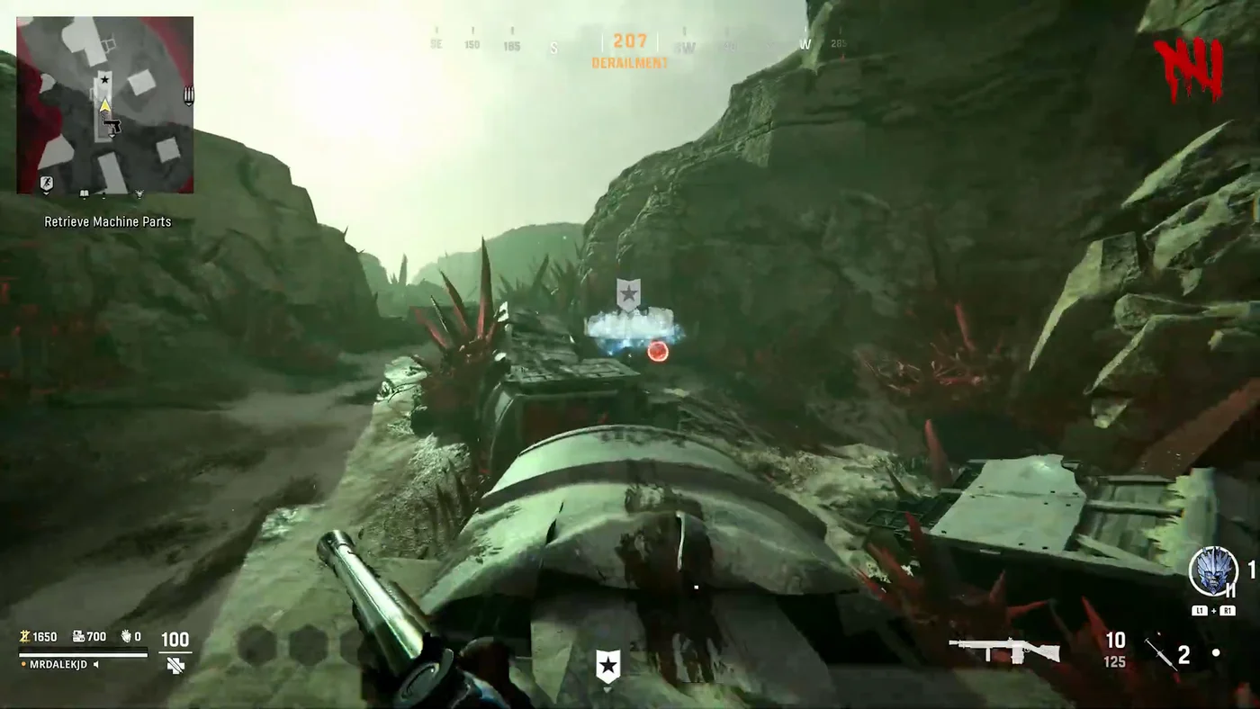A Pack-a-Punch part glowing on top of the overturned train car in the Derailment, The Archon, Call of Duty Vanguard Zombies