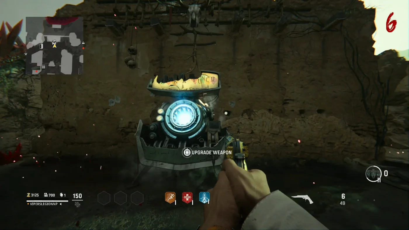 The rebuilt Pack-a-Punch Machine against the back wall of the Temple, a bull skull hanging above it, The Archon, Call of Duty Vanguard Zombies
