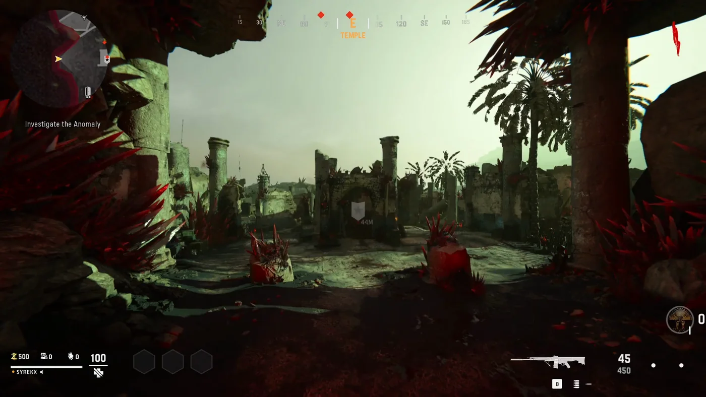 The Temple at the start of a game, broken columns, ruined walls and red Dark Aether crystals around the sandy courtyard, The Archon, Call of Duty Vanguard Zombies