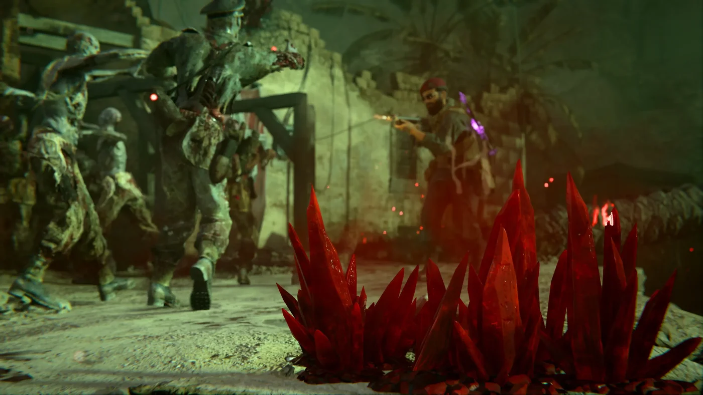 Zombies coming through the ruins past red Dark Aether crystals, official promotional image, The Archon, Call of Duty Vanguard Zombies