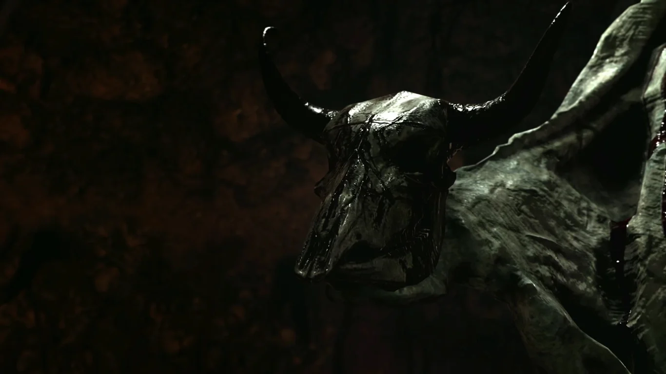 The horned animal skull held by the statue of Nerthus, official in-game view, The Darkest Shore, Call of Duty WWII Zombies