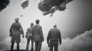 The four members of the crew standing on Straub's zeppelin, Making History achievement art, The Darkest Shore, Call of Duty WWII Zombies