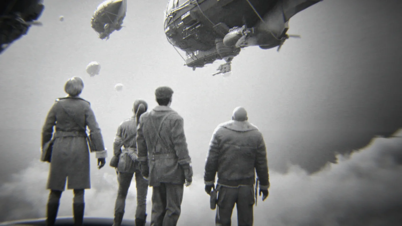 The four members of the crew standing on Straub's zeppelin, Making History achievement art, The Darkest Shore, Call of Duty WWII Zombies