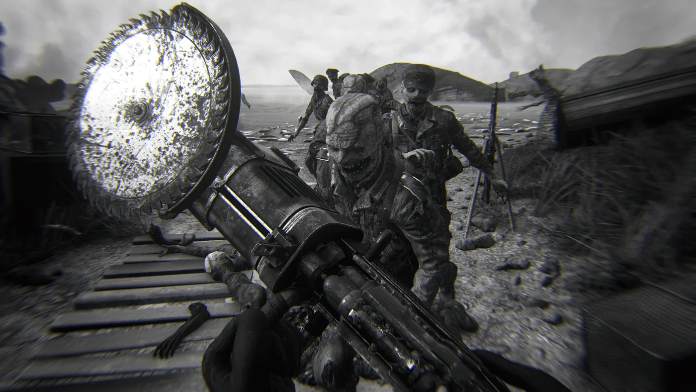 The Ripsaw raised in front of a group of zombies, The Bakers Dozen Massacre achievement art, The Darkest Shore, Call of Duty WWII Zombies