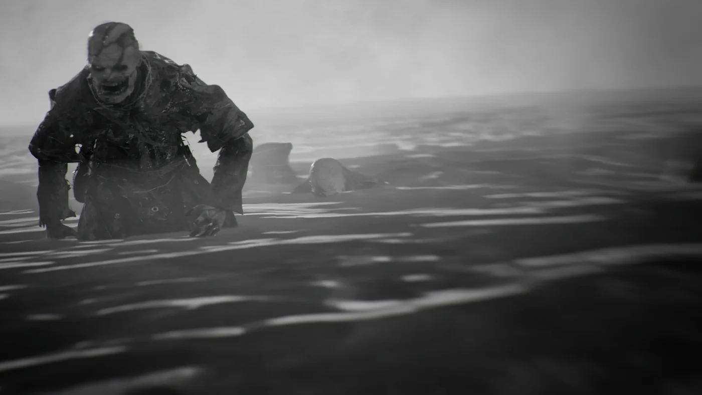 A large zombie wading out of the sea, This Damn Island achievement art, The Darkest Shore, Call of Duty WWII Zombies