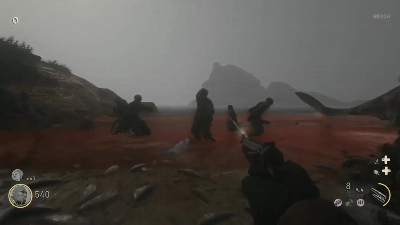 Zombies walking out of the red sea onto the beach during the beach rush, with the whale carcass on the right, The Darkest Shore, Call of Duty WWII Zombies