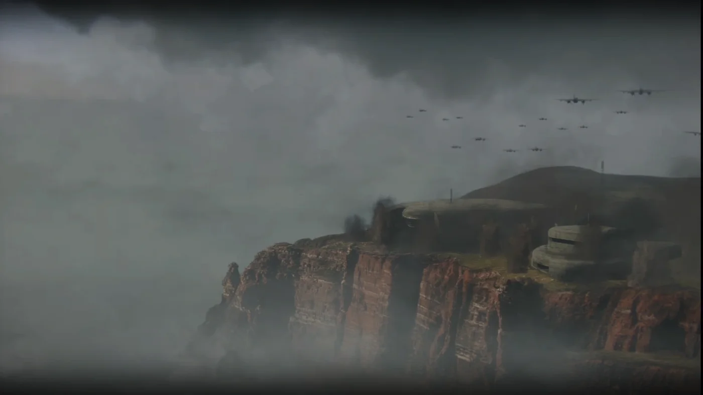 Allied bombers flying over the cliffs of Heligoland in the ending cinematic, The Darkest Shore, Call of Duty WWII Zombies