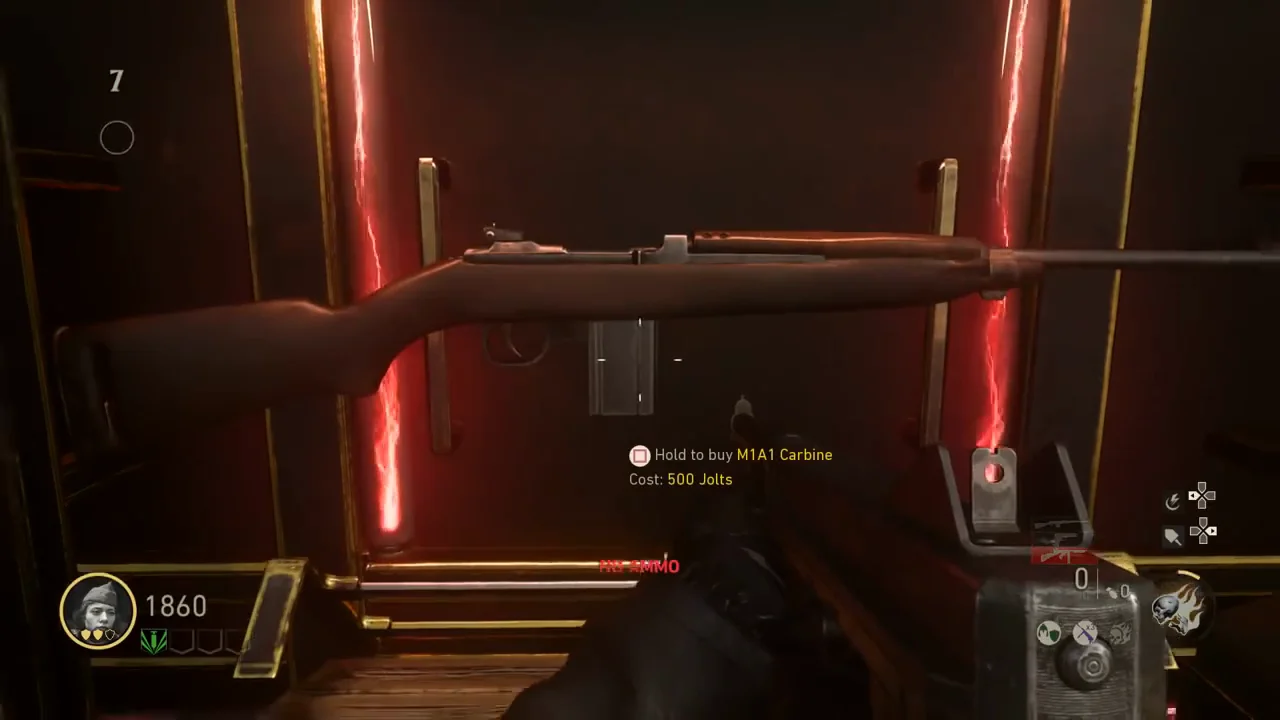 The M1A1 Carbine in its red-lit weapon locker, with the prompt to buy it for 500 Jolts, The Darkest Shore, Call of Duty WWII Zombies
