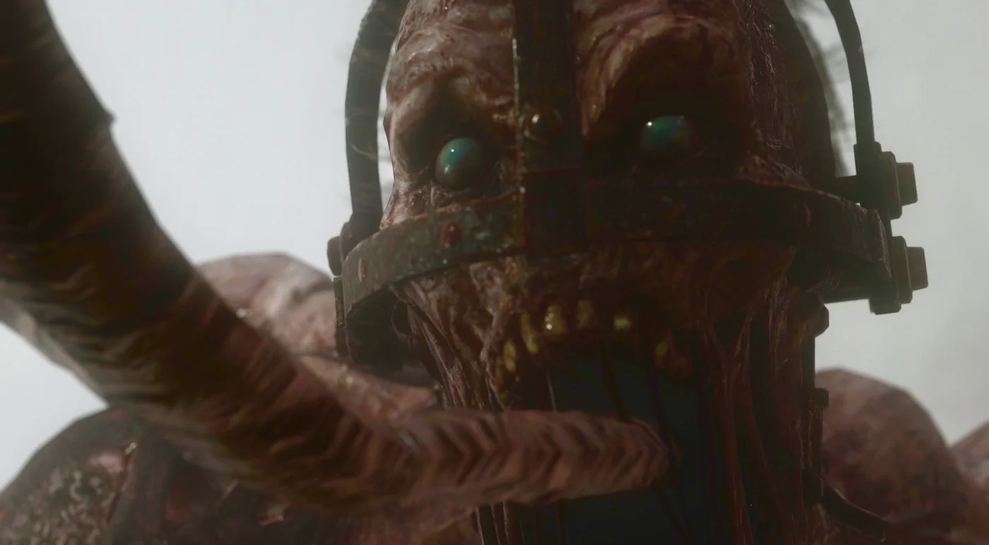 A Meuchler in close-up, with its metal helmet and long tongue, The Darkest Shore, Call of Duty WWII Zombies