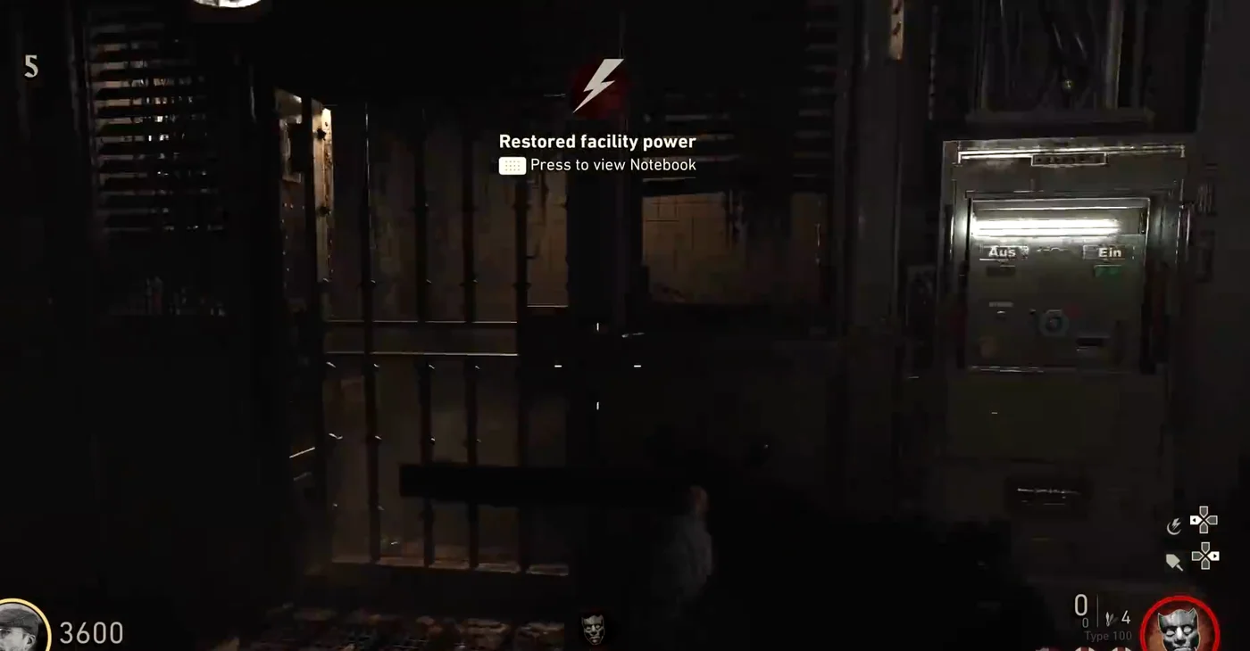 The power switch on the wall of the U-Boat Pens hallway, with the message Restored facility power, The Darkest Shore, Call of Duty WWII Zombies