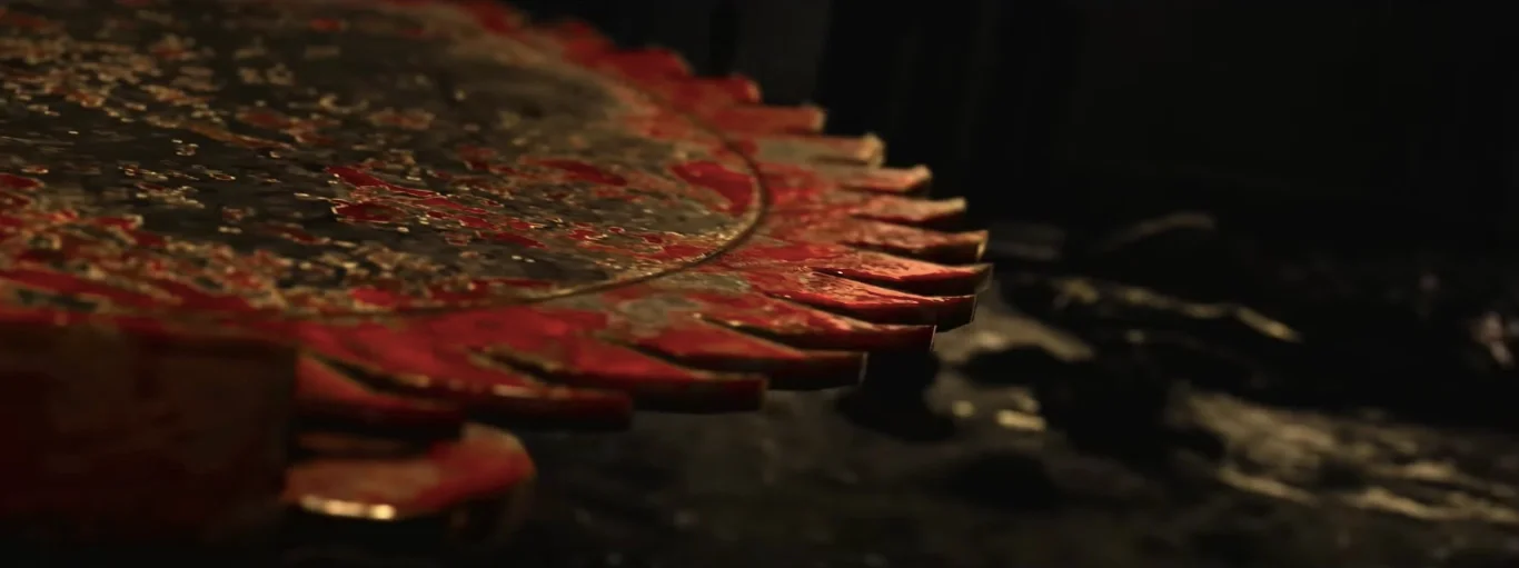 A bloodied saw blade in close-up, from the reveal trailer of the map, The Darkest Shore, Call of Duty WWII Zombies