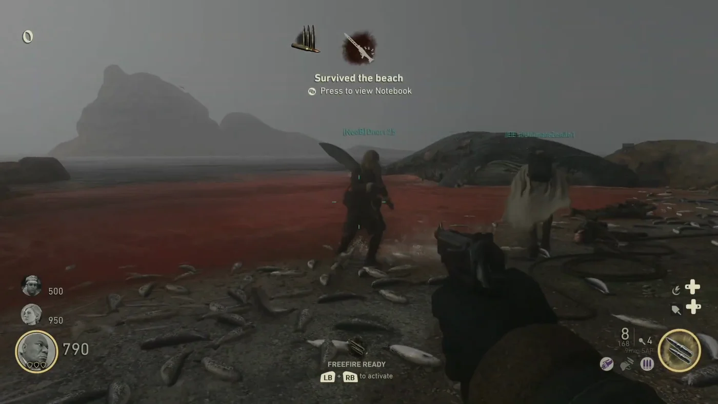 The beach strewn with dead fish after the beach rush, with the message Survived the beach, The Darkest Shore, Call of Duty WWII Zombies
