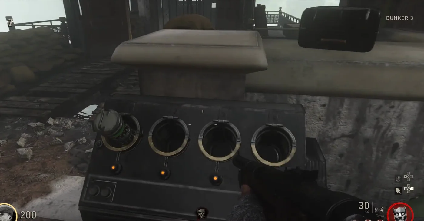 The control panel of the broken lift in Bunker 3, with one battery in place and three empty slots, The Darkest Shore, Call of Duty WWII Zombies