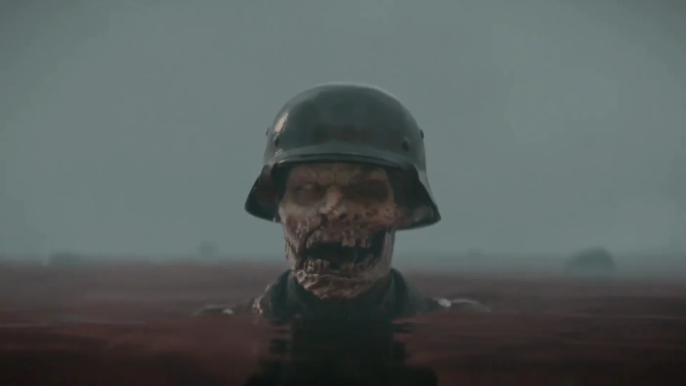 A zombie in a German helmet rising out of the red sea, intro cinematic, The Darkest Shore, Call of Duty WWII Zombies