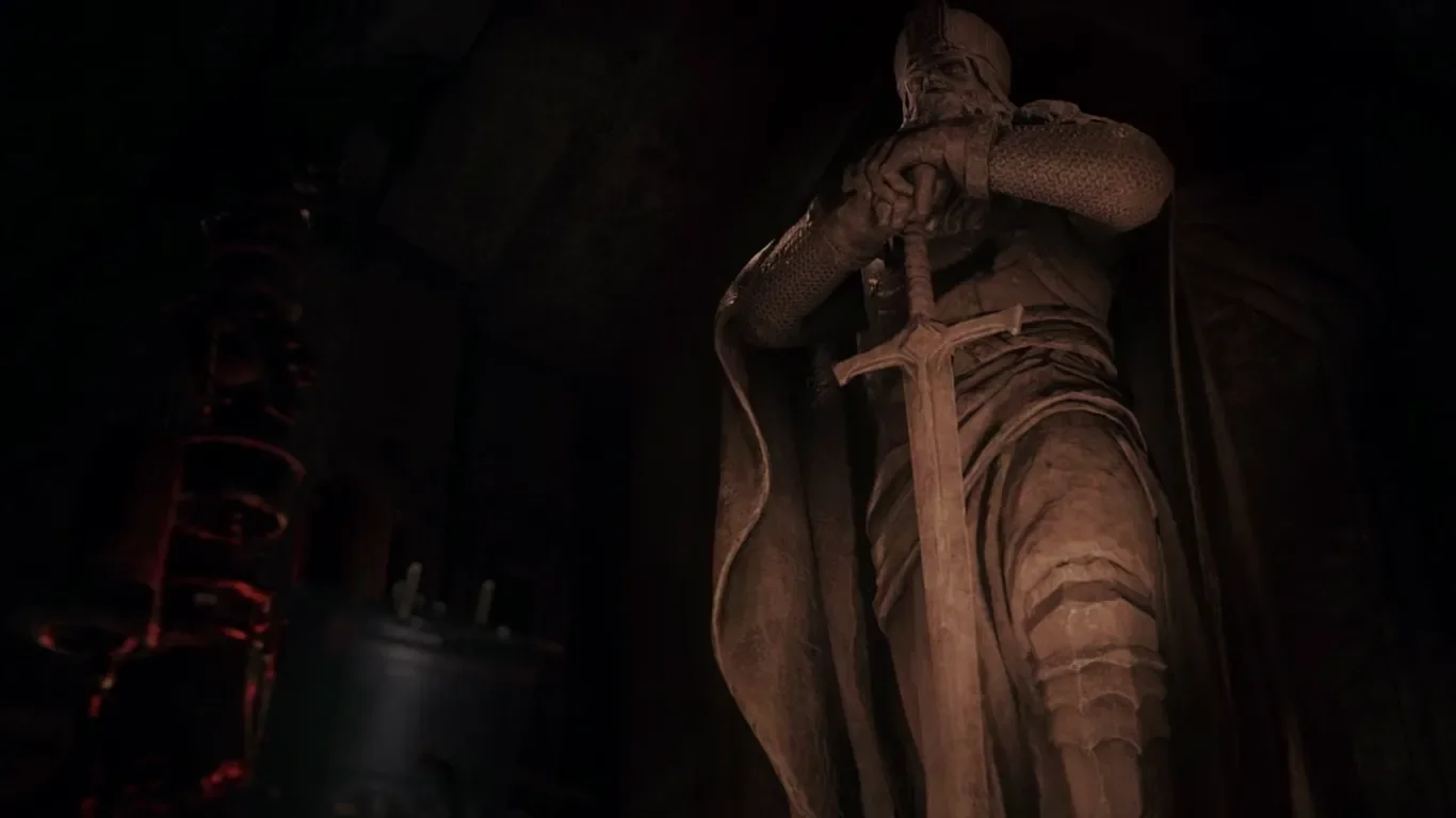 The stone statue of Barbarossa leaning on his sword in the dark of the Emperor's Chamber, The Final Reich, Call of Duty WWII Zombies