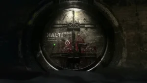 The round steel door of the bunker, with "Halt!" painted on it, The Final Reich, Call of Duty WWII Zombies