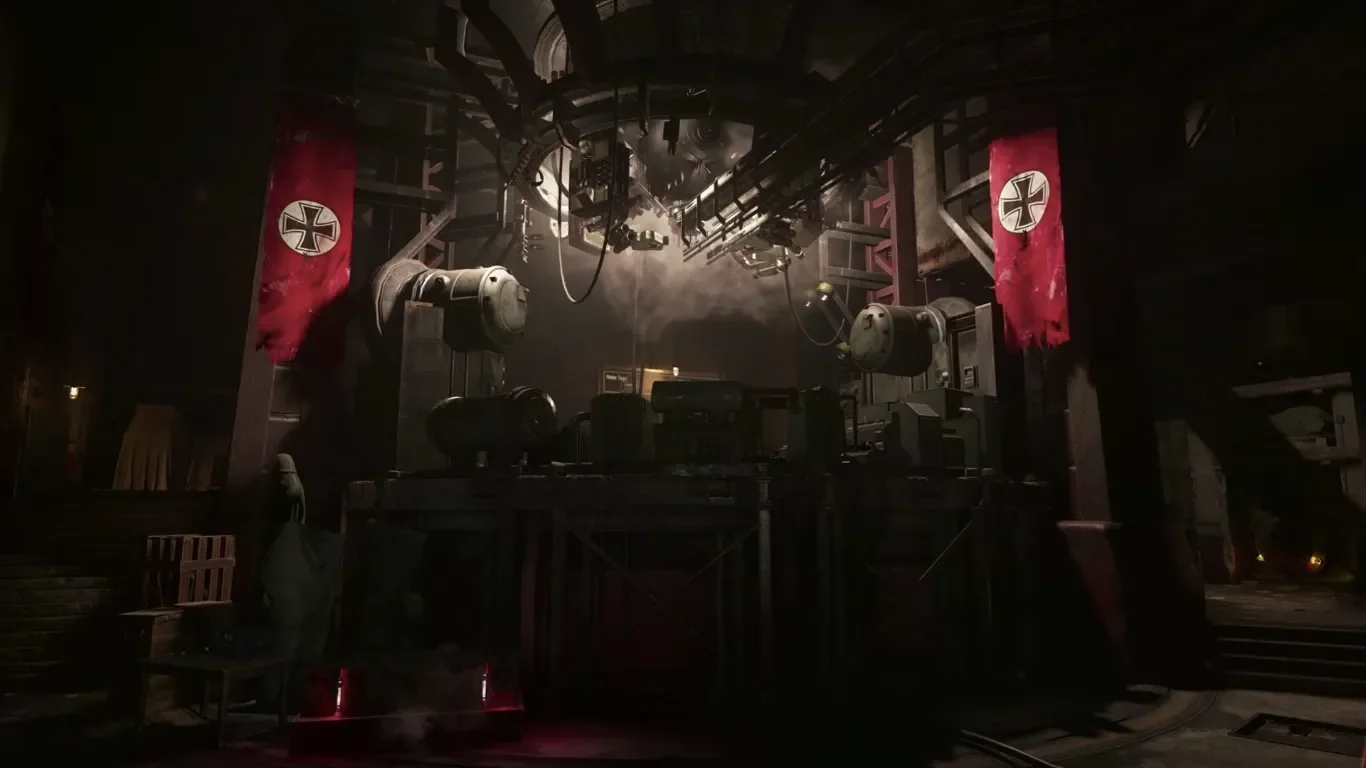 The Command Room of the bunker, with the raised platform of the Weapon Assembly Station between two red banners, The Final Reich, Call of Duty WWII Zombies