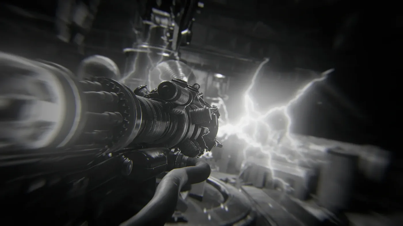 A Tesla Gun firing a bolt of lightning, black and white achievement image of Dark Arts, The Final Reich, Call of Duty WWII Zombies