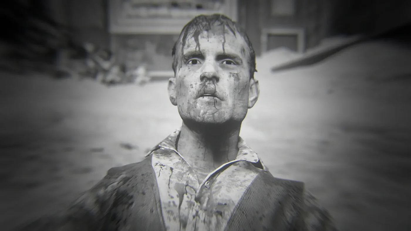 Klaus Fischer covered in blood in the snow of the village, black and white achievement image of Dark Reunion, The Final Reich, Call of Duty WWII Zombies