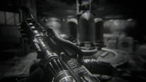 A player holding the Tesla Gun in the bunker, black and white achievement image of Lightning Handler, The Final Reich, Call of Duty WWII Zombies