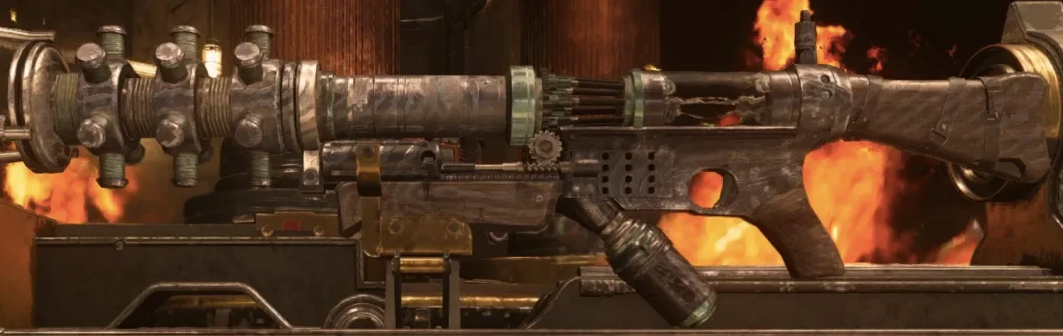 The Midnight variant of the Tesla Gun, seen from the side in front of a furnace, The Final Reich, Call of Duty WWII Zombies