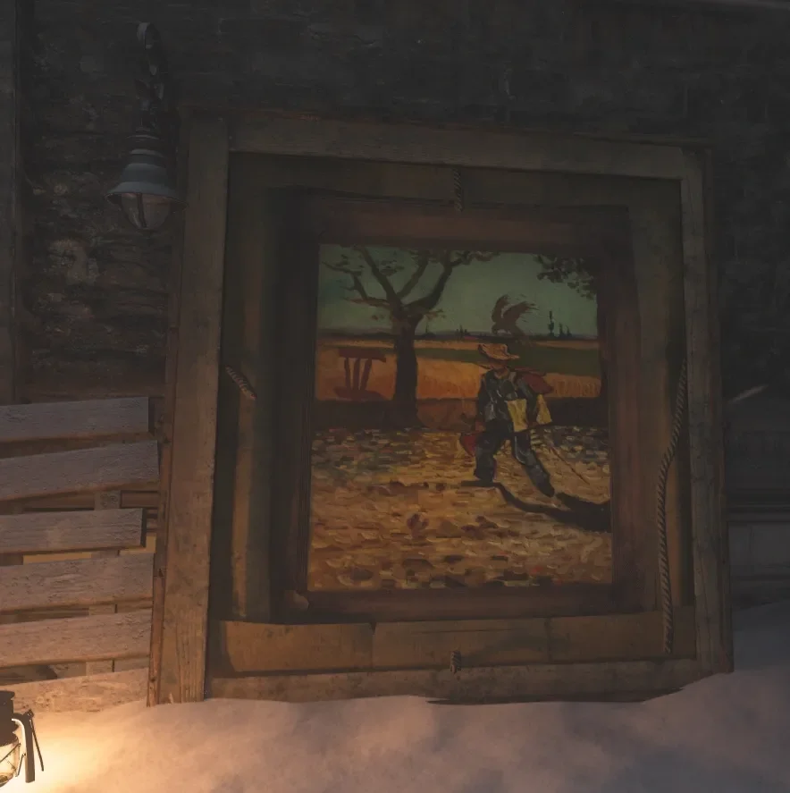 A painting of a figure under a tree, in a wooden frame in the Courtyard, The Final Reich, Call of Duty WWII Zombies