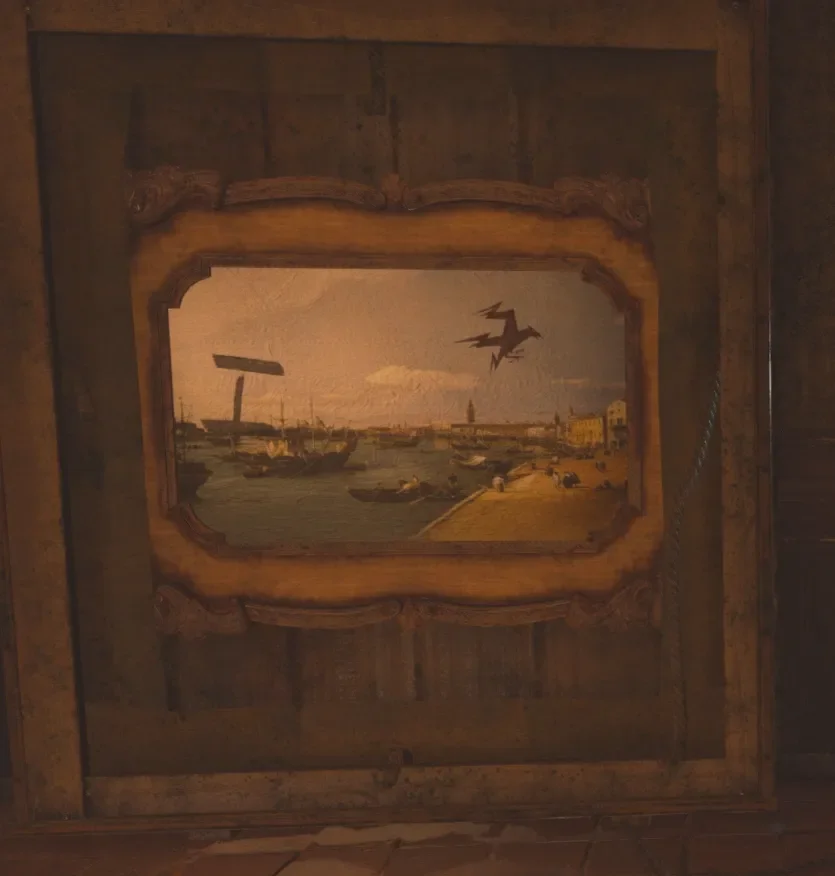 A framed painting of a harbor and a plane, on a wall of the Pub, The Final Reich, Call of Duty WWII Zombies