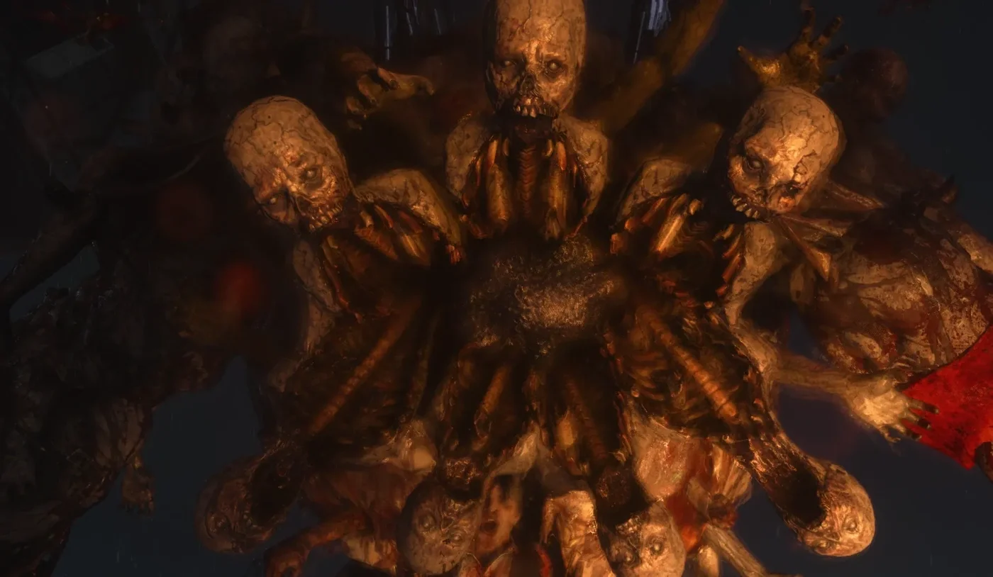 The heads stitched into the maw of the Panzermörder, lit by the flames, The Final Reich, Call of Duty WWII Zombies