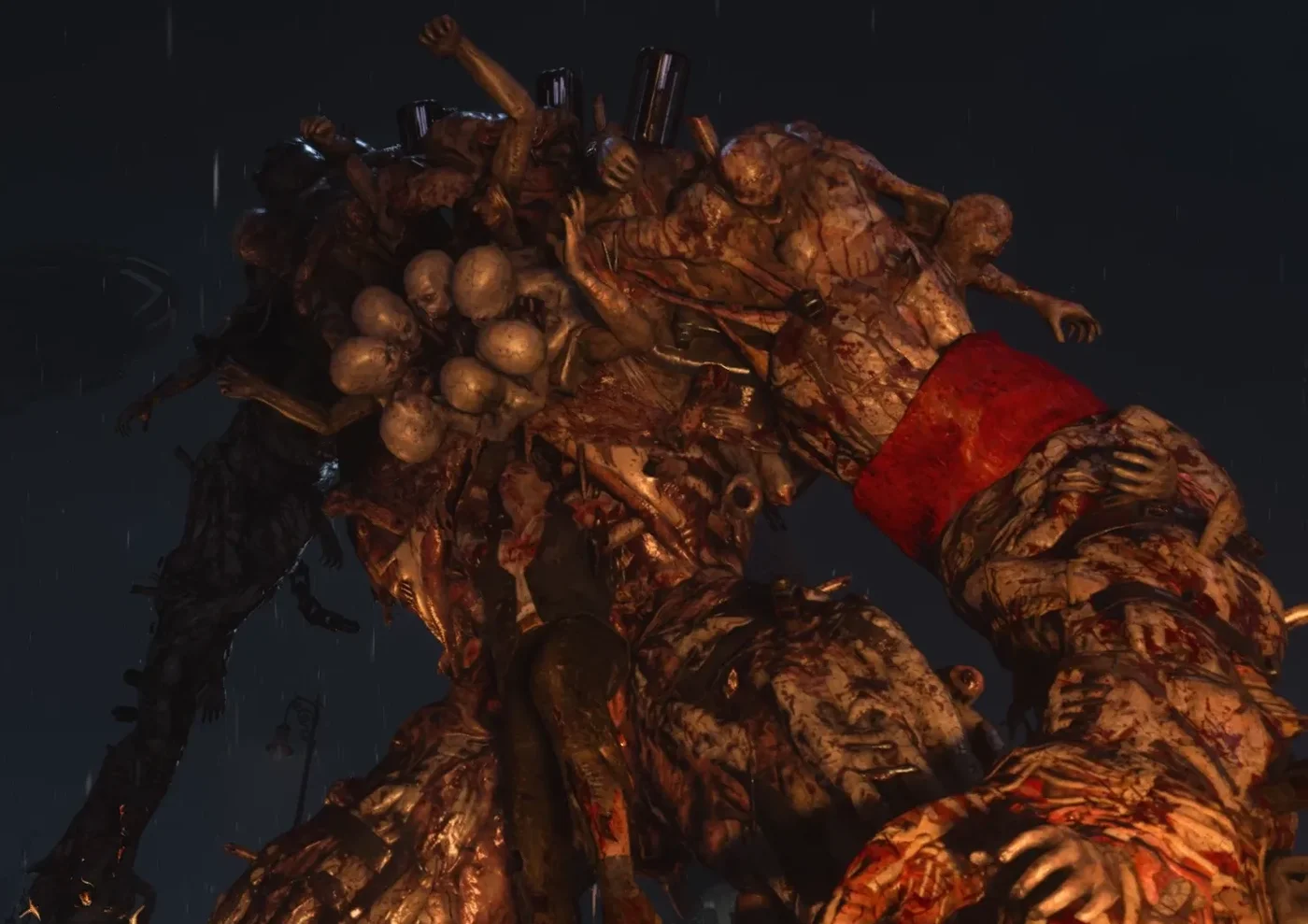 The Panzermörder, a giant made of stitched bodies, seen from below at night, The Final Reich, Call of Duty WWII Zombies