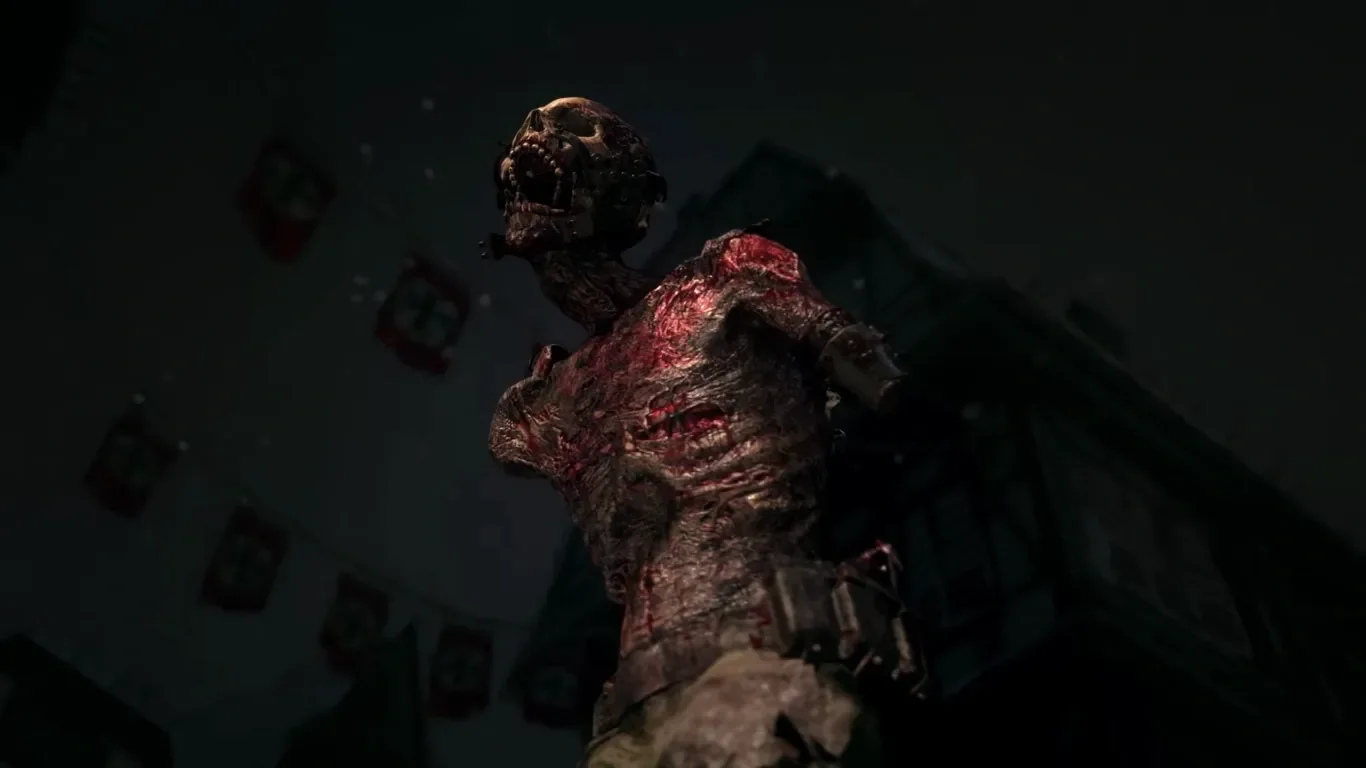A Pest, an armless zombie, howling under the banners of the village at night, The Final Reich, Call of Duty WWII Zombies