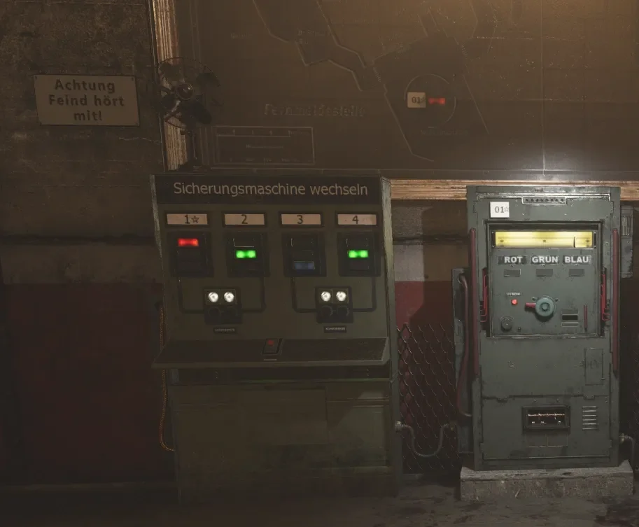 The control panel of the Command Room with its colored lights, and relay 1 to its right, The Final Reich, Call of Duty WWII Zombies