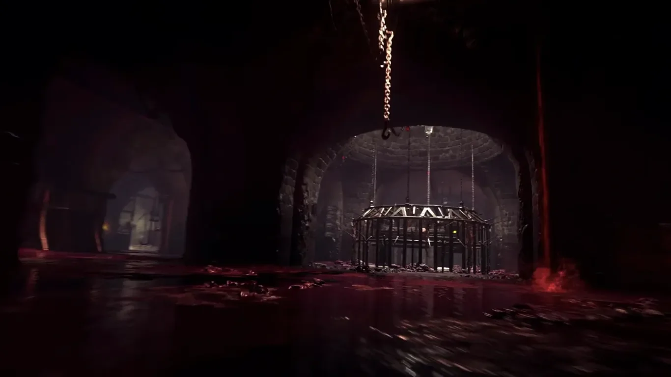 The Sewers under red light, with the cage of the Ubersprengen in the middle of the room, The Final Reich, Call of Duty WWII Zombies