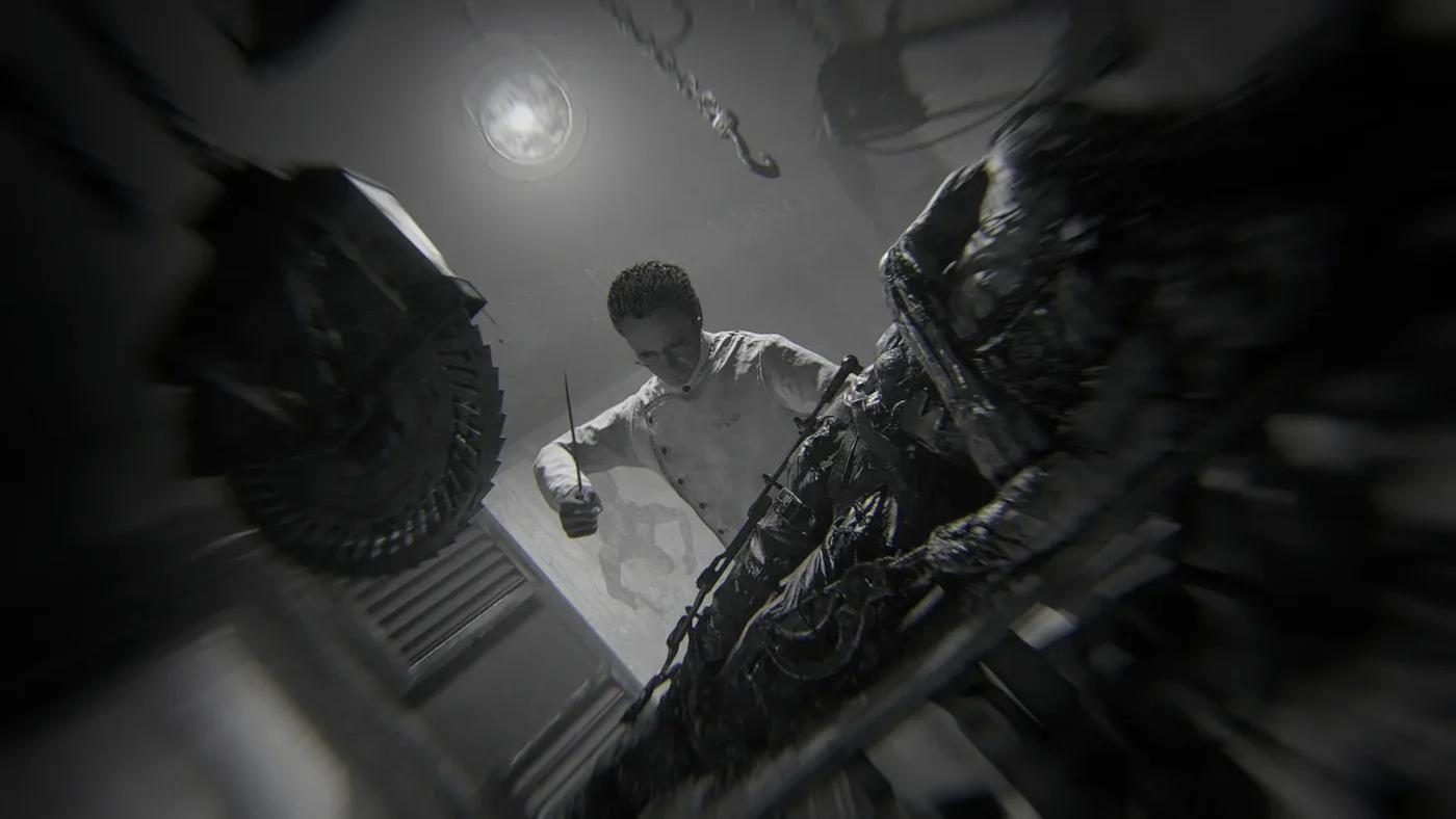 Doctor Straub in his white coat, a blade in hand, next to a chained body, black and white achievement image of Lurking Around, The Final Reich, Call of Duty WWII Zombies