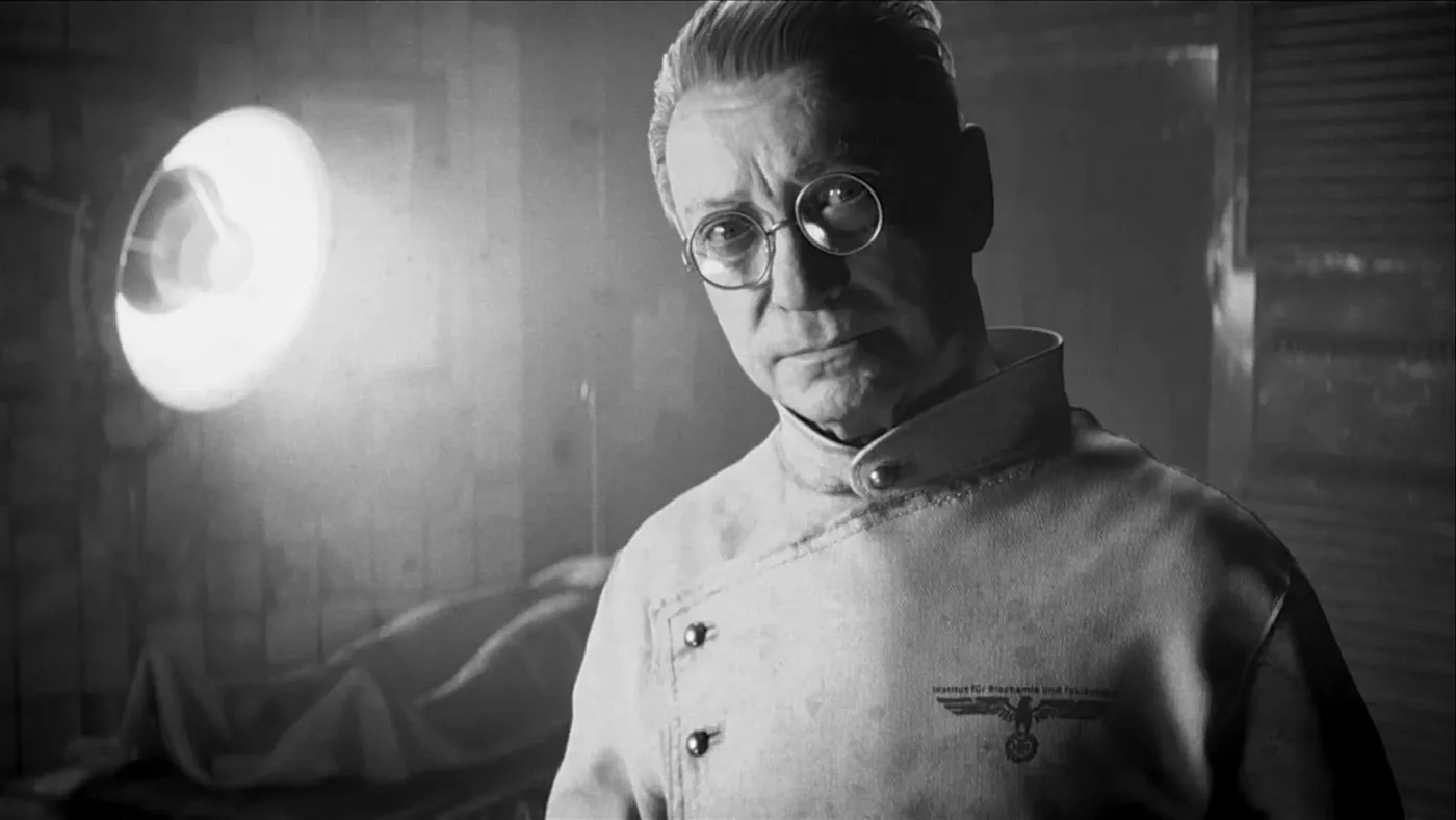 Doctor Straub in his white coat in a black and white film recording found in the bunker, The Final Reich, Call of Duty WWII Zombies