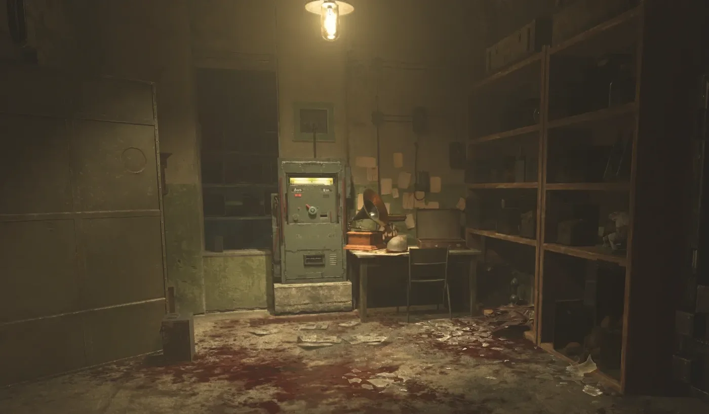 The power switch of the Morgue, a grey cabinet with a display, against the back wall, The Final Reich, Call of Duty WWII Zombies