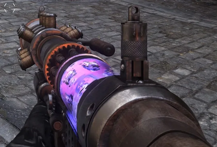 The Tesla Gun held in first person over the cobblestones, its tube glowing purple, The Final Reich, Call of Duty WWII Zombies