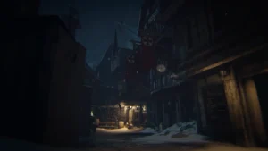 A snowy street of Mittelburg at night, under red banners, in the menu picture of the map, The Final Reich, Call of Duty WWII Zombies