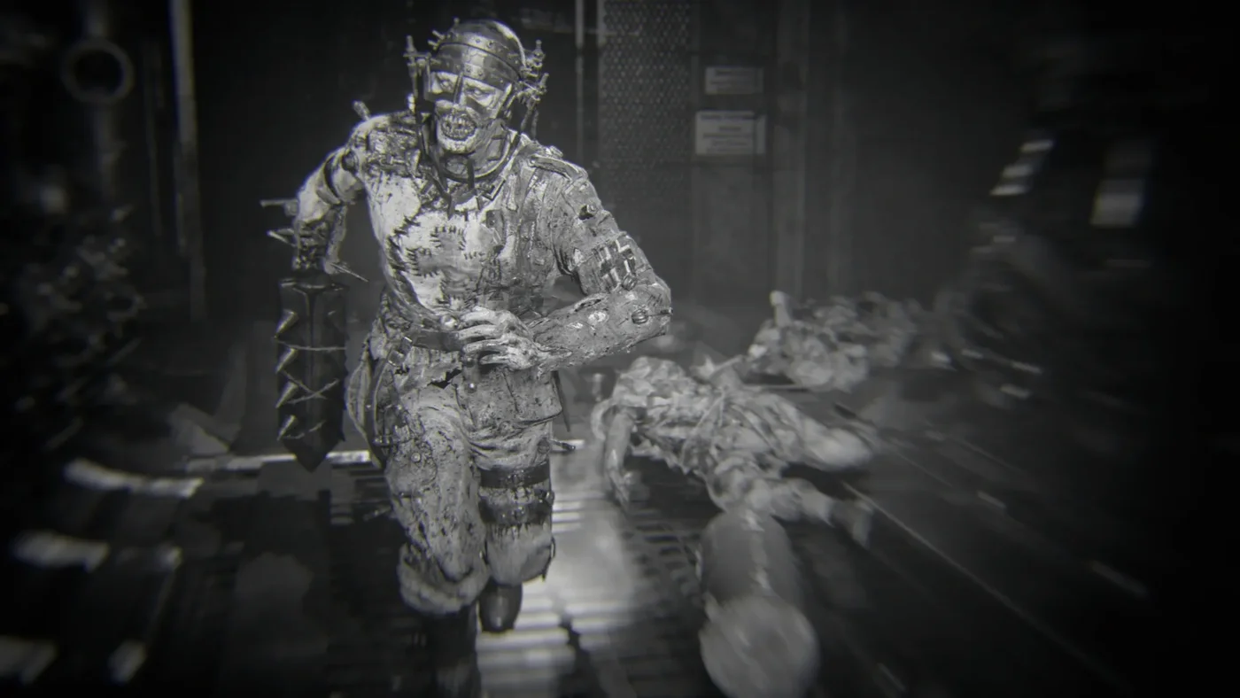A Wüstling charging through a corridor, black and white achievement image of Strike!, The Final Reich, Call of Duty WWII Zombies