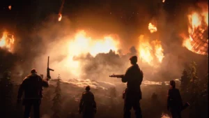 The four members of the crew watching the burning wreck of the zeppelin in the night, The Final Reich, Call of Duty WWII Zombies