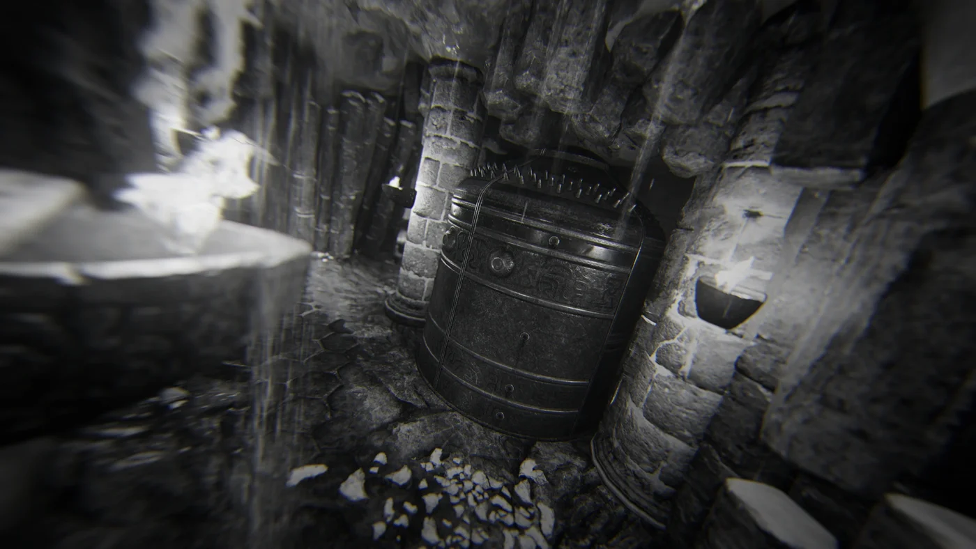 A metal pod in a stone hall lit by fire, art of the Blood Transfusion achievement, The Frozen Dawn, Call of Duty WWII Zombies