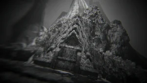 A carved stone gate under a rocky peak, art of the Kingfall achievement, The Frozen Dawn, Call of Duty WWII Zombies
