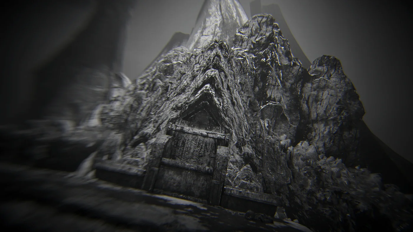A carved stone gate under a rocky peak, art of the Kingfall achievement, The Frozen Dawn, Call of Duty WWII Zombies