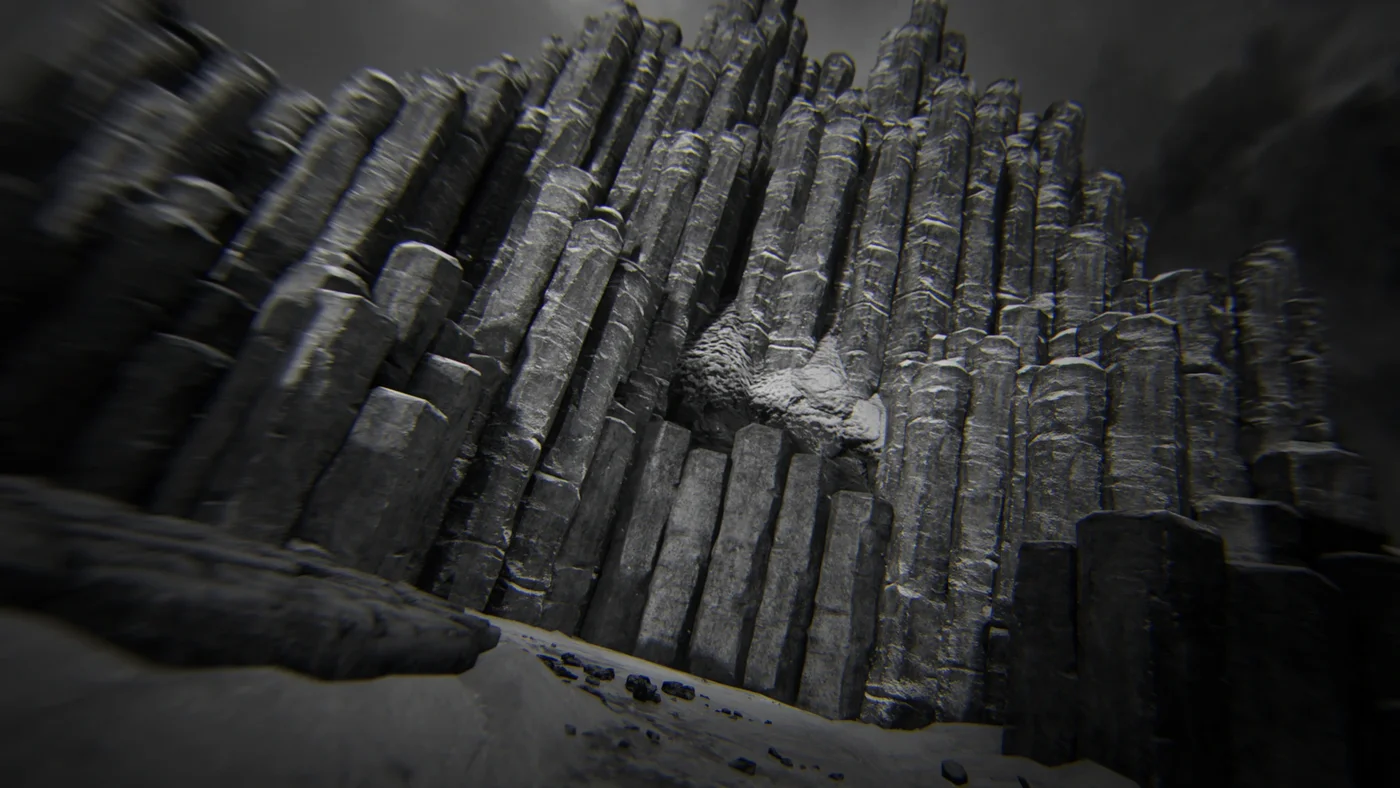 Tall stone columns under the snow, art of The Final Descent achievement, The Frozen Dawn, Call of Duty WWII Zombies