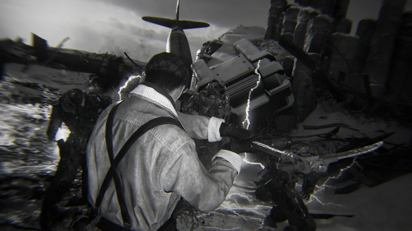 A crew member firing at zombies in front of the crashed aircraft, art of the Weapon Lord achievement, The Frozen Dawn, Call of Duty WWII Zombies