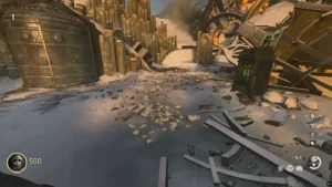 The Crash Site in the snow at sunset, with the burning wreckage and the tail of the crashed aircraft, The Frozen Dawn, Call of Duty WWII Zombies
